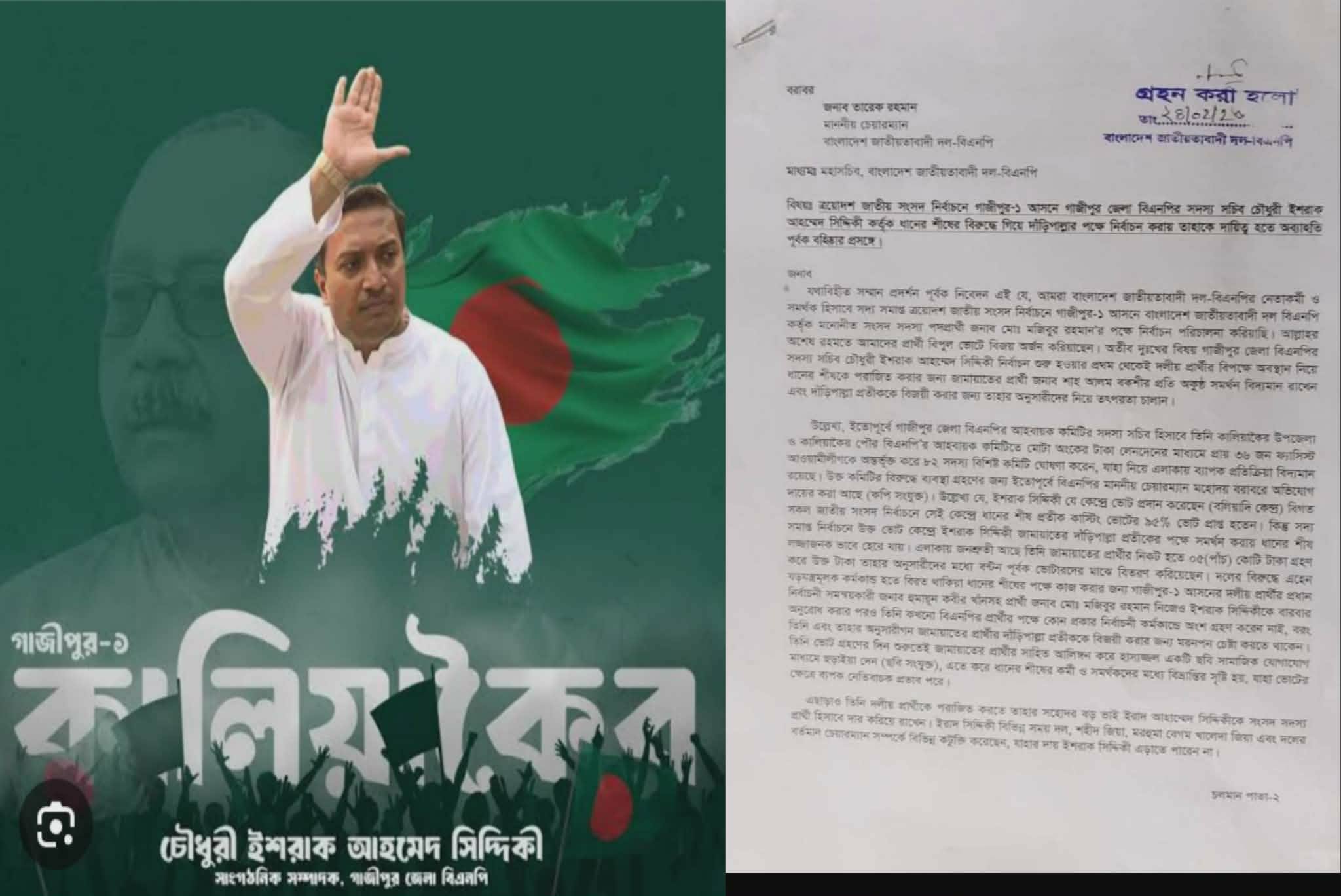 দলীয় প্রার্থীর পক্ষে নির্বাচন না করার অভিযোগে তারেক রহমানের কাছে ইশরাক সিদ্দিকী’র বহিষ্কার চেয়ে চিঠি