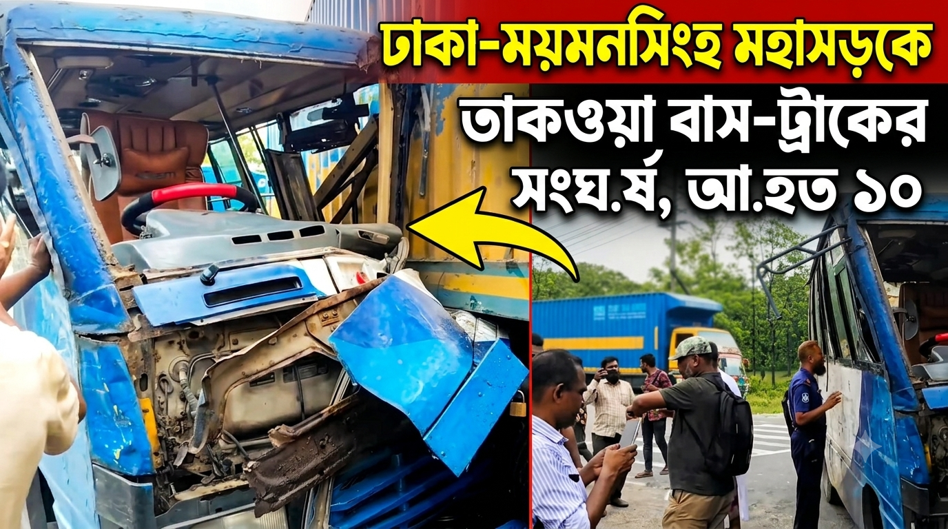 ​ঢাকা-ময়মনসিংহ মহাসড়কে তাকাওয়া বাস-ট্রাক সংঘ.র্ষ, আ.হত ১০