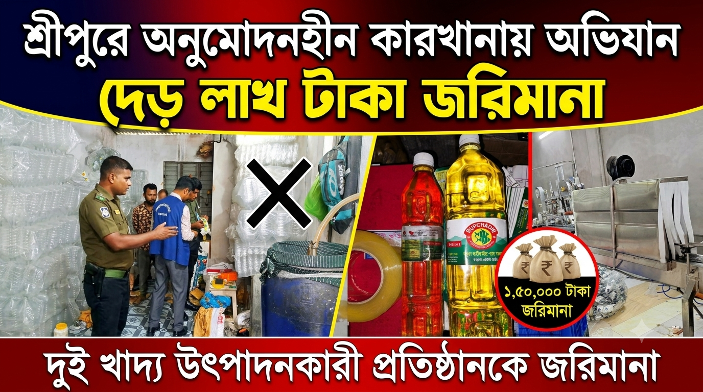 শ্রীপুরে অনুমোদনহীন দুই খাদ্য উৎপাদনকারী প্রতিষ্ঠানকে দেড় লাখ টাকা জরিমানা